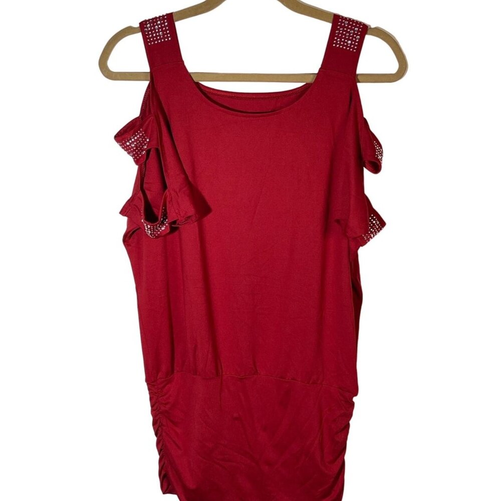 short open sleeve shirt 3 straps on arms red stretch embellished medium READ